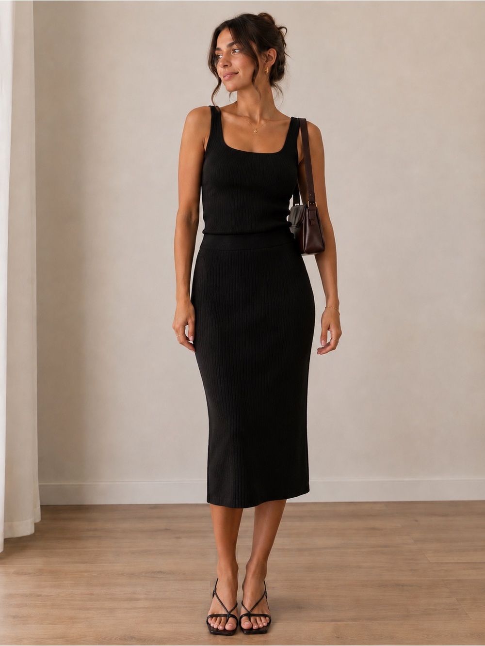 Zara Ribbed Midi Skirt – Black, Size Medium